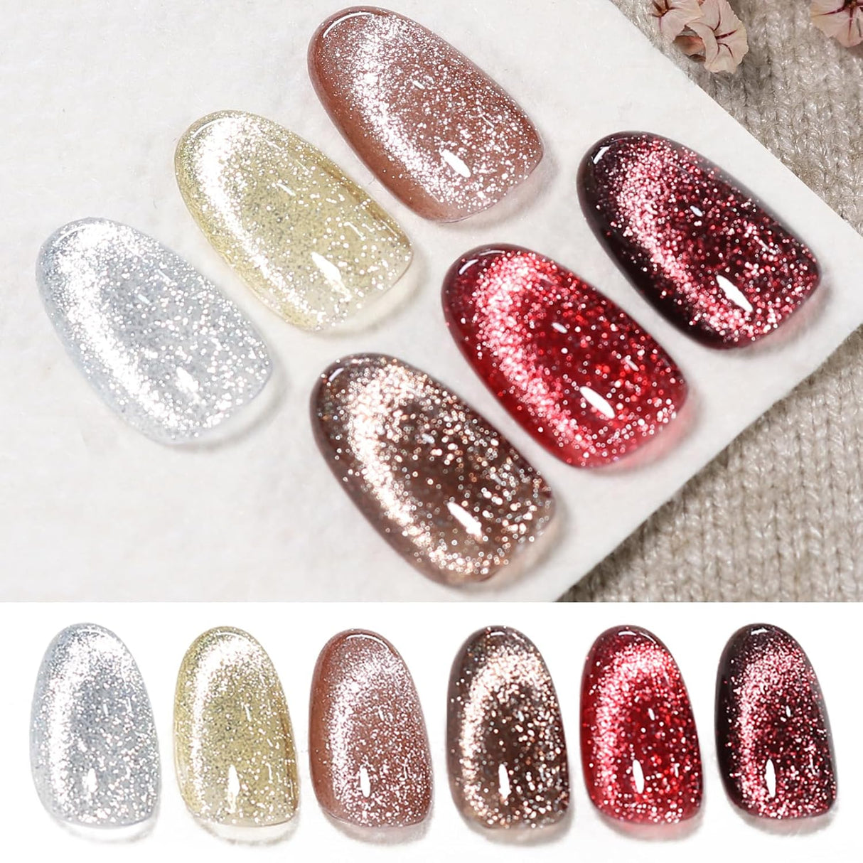 Born Pretty Cat Magnetic Eye Gel Nail Polish, Holographic Glitter Milky Jelly Cat Magnetic Gel Blue Green Purple Pink Nude Silver Nail Art Gel Manicure Salon DIY Gifts 7ML 6PCS