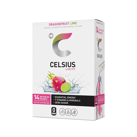 CELSIUS® On-The-Go Powder Sticks Dragonfruit Lime, Essential Energy 2.8 Oz (14 Sticks per Pack)