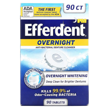 Efferdent, Anti-Bacterial Denture Cleanser, Overnight Whitening, 90 Tablets - Supply Center USA