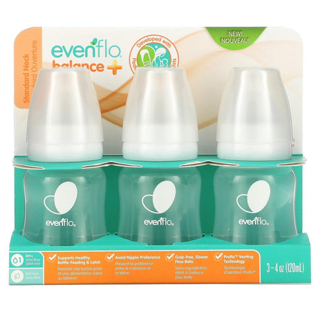 Evenflo Feeding, Balance+ Bottles, Standard, 0+ Months, Slow Flow, 3 Bottles, 4 oz (120 ml) Each - Supply Center USA