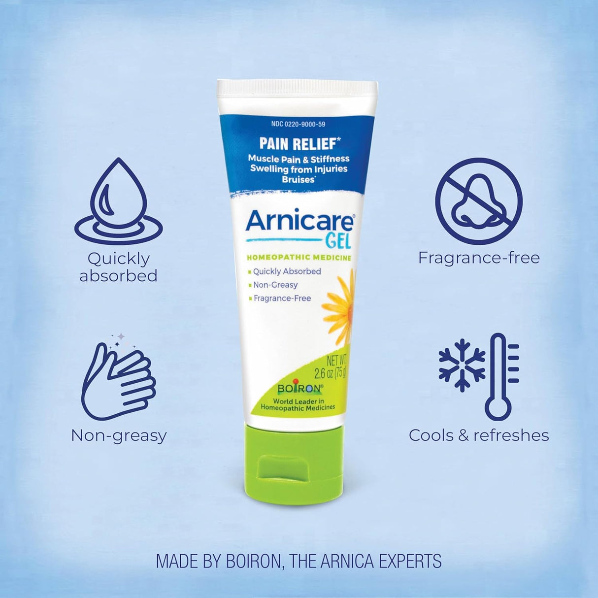 Boiron Arnicare Gel for Soothing Relief of Joint Pain, Muscle Pain, Muscle Soreness, and Swelling from Bruises or Injury - Non-Greasy and Fragrance-Free - 2.6 Oz