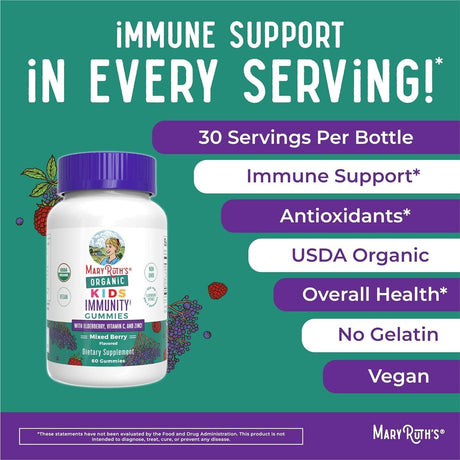 Maryruth Organics Kids Immune Support Gummies | USDA Organic | Vitamin C, Zinc, and Elderberry Gummies for Kids| Immune Support for Kids Ages 4+ | Vegan | Non-Gmo | Gluten Free | 60 Count - Supply Center USA