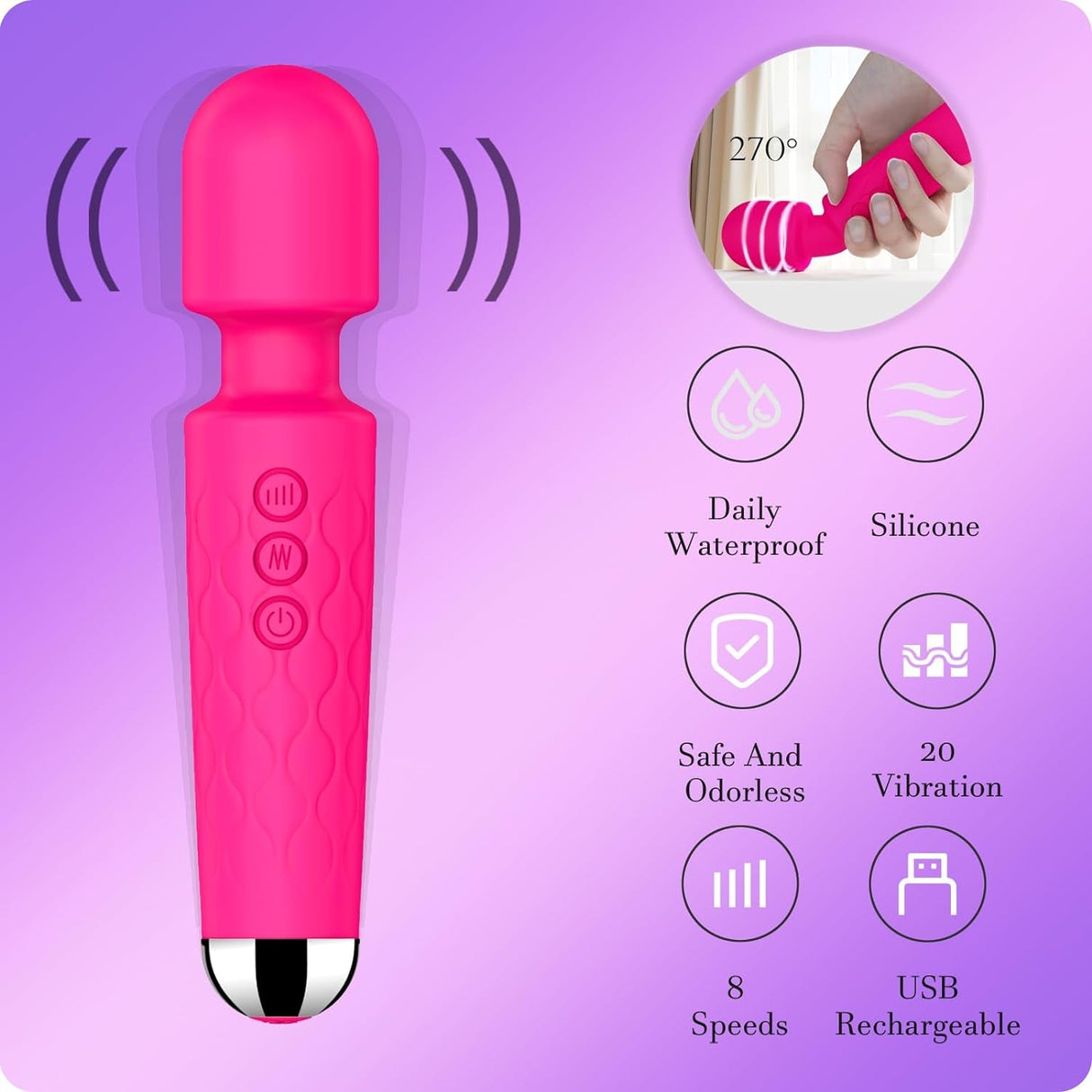 Vibrator Wand,Adult Sex Toy Wand, G Spot Dildo, Clit Vibrator, Sex Vibrators,Clitoris Stimulation,With 8 Speeds & 20 Patterns, Quiet,Fully Waterproof,Vibrating Wand for Her Pleasure (Rose Red)