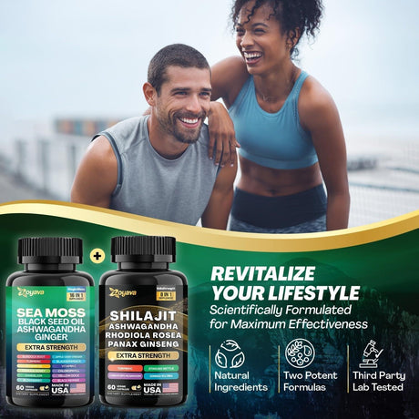 Dynamic Vitality Bundle - Sea Moss 7000Mg, Black Seed Oil 4000Mg, Ashwagandha 2000Mg, Ginger & Shilajit 9000Mg, Rhodiola Rosea 1000Mg, Panax Ginseng 1500Mg, All in 1 Supplements (60 Count) - Supply Center USA