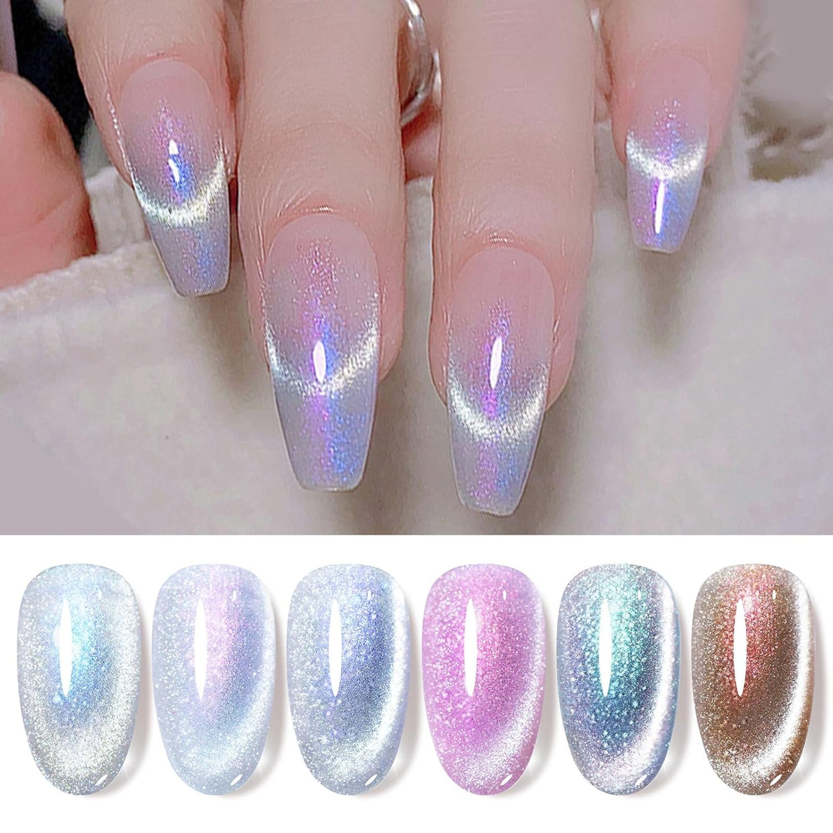 Born Pretty Cat Magnetic Eye Gel Nail Polish, Holographic Glitter Milky Jelly Cat Magnetic Gel Blue Green Purple Pink Nude Silver Nail Art Gel Manicure Salon DIY Gifts 7ML 6PCS