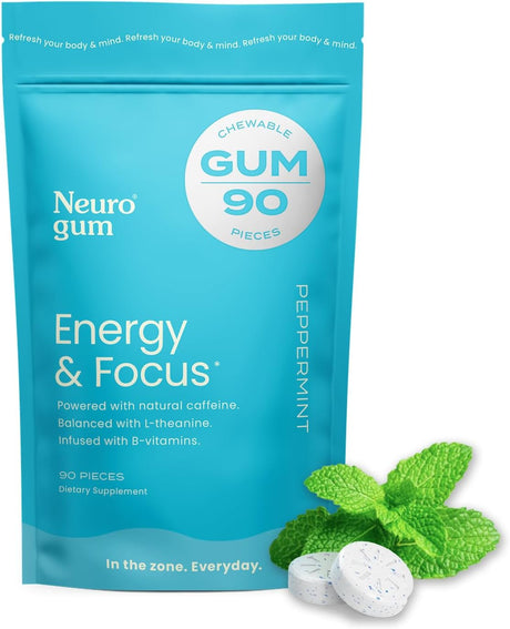 Neurogum Energy Caffeine Gum (90 Pieces) - Sugar Free with L-Theanine + Natural Caffeine + Vitamin B12 & B6 - Nootropic Energy & Focus Supplement for Women & Men - Keto & Vegan, Peppermint Flavor