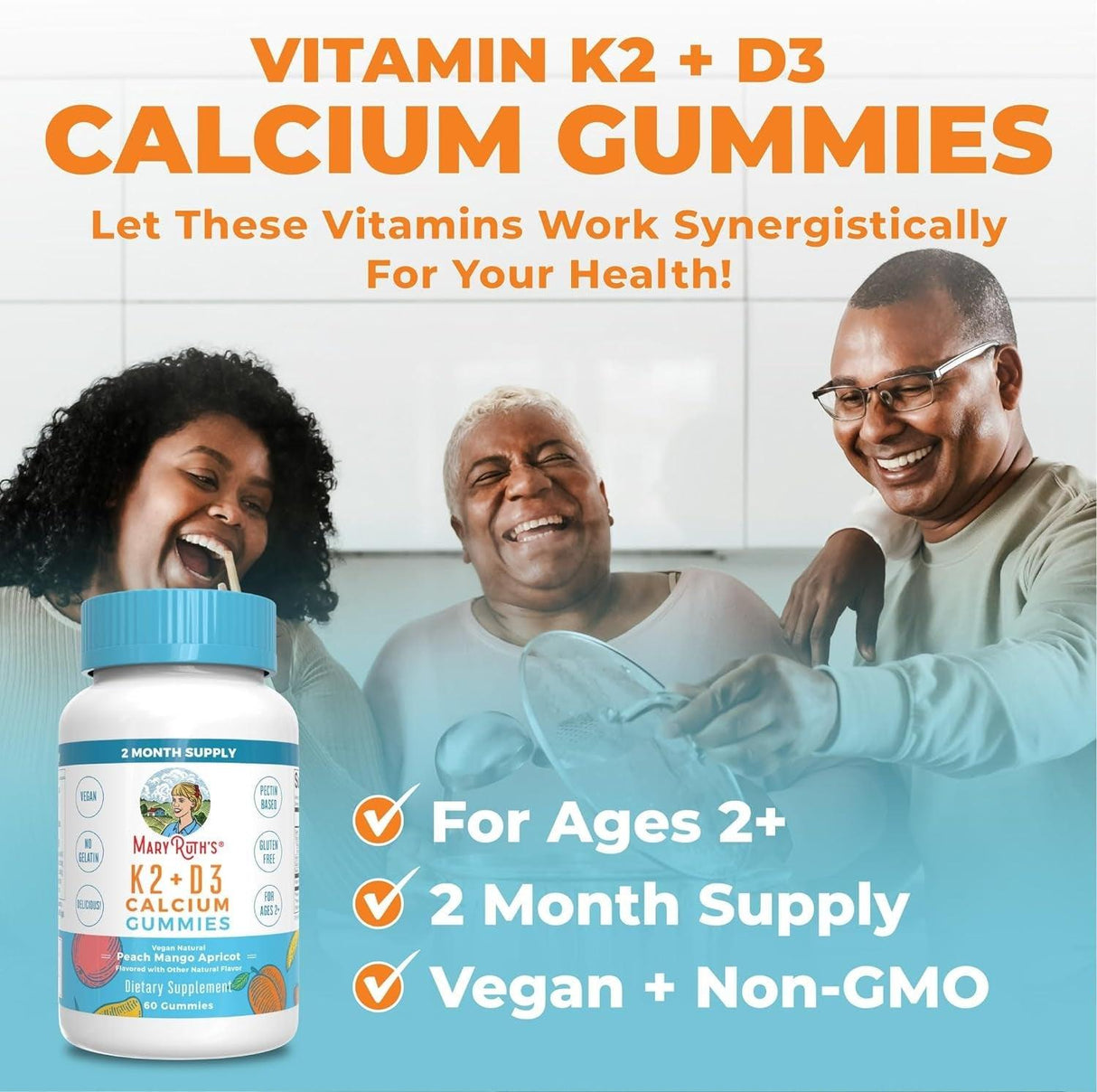 Maryruth Organics Calcium with Vitamin D & Vitamin K2, 2 Month Supply, Calcium Supplement Supports Bone Health & Joint Support, with Vitamins D3 K2 Gummies, Vegan, Non-Gmo, Gluten Free, 60 Count - Supply Center USA