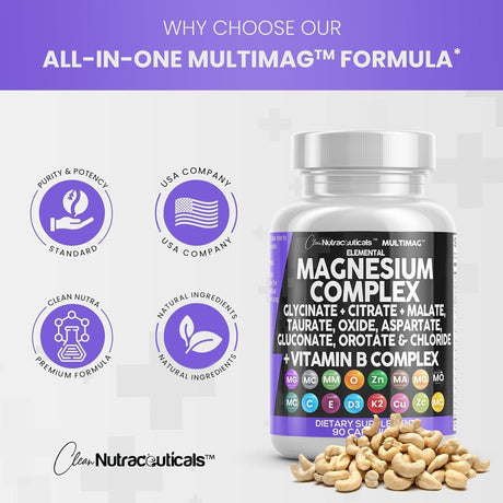 Magnesium Complex 2285Mg with Magnesium Glycinate Citrate Malate Oxide Taurate Aspartate Gluconate Orotate & Mag Chloride, Zinc Copper Manganese & Vitamin C B1 B2 B6 B12 Complex - 90 Count - Supply Center USA