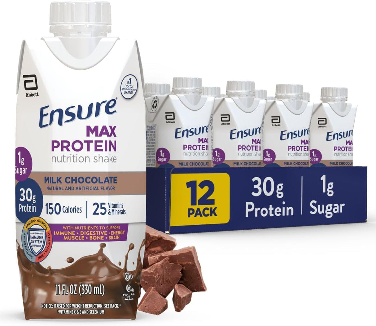 Ensure Max Protein Shake | Milk Chocolate | Ready to Drink | 30G Protein for Muscle Building | 1G Sugar, 4G Fiber | 11 Fl Oz - 12 Pack