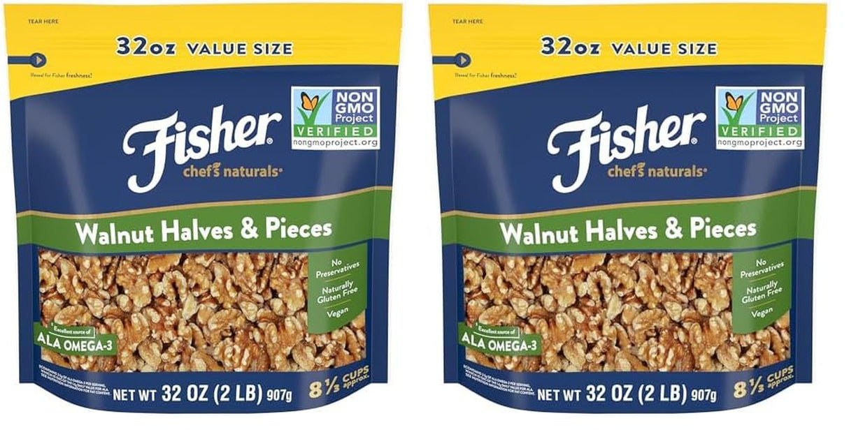 Fisher Chef'S Naturals Walnut & Pieces, Naturally Gluten Free, No Preservatives, Non-Gmo, Halves, 16 Oz