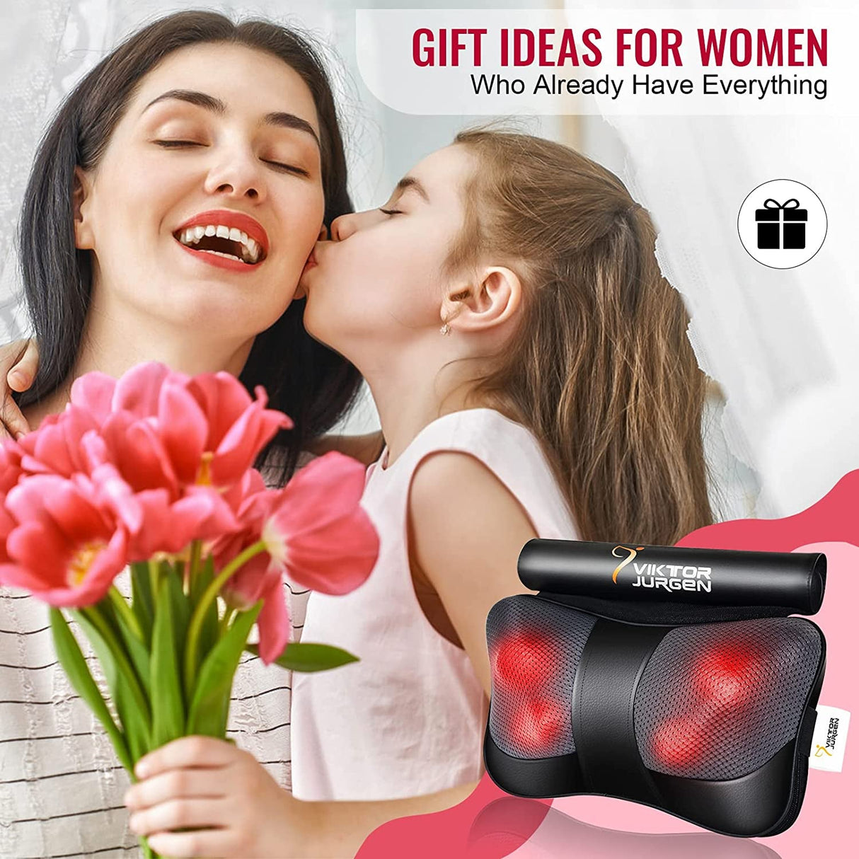 VIKTOR JURGEN Christmas Back Massager Gifts, Shiatsu Kneading Massager for Neck and Shoulder, Massage Pillow with Heat Relaxation Gifts for Women/Men/Dad/Mom//Mothers Day/Fathers Day/Valentine'S Day