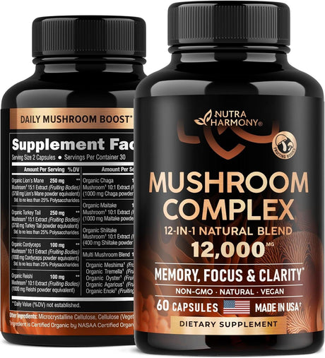 Mushroom Supplement - Organic Lion'S Mane | Turkey Tail | Chaga | Cordyceps | Reishi | Maitake | Shiitake | Meshima | Tremella | Oyster | Agaricus - Made in USA - 12-In-1 Complex 12000 Mg, 60 Capsules - Supply Center USA