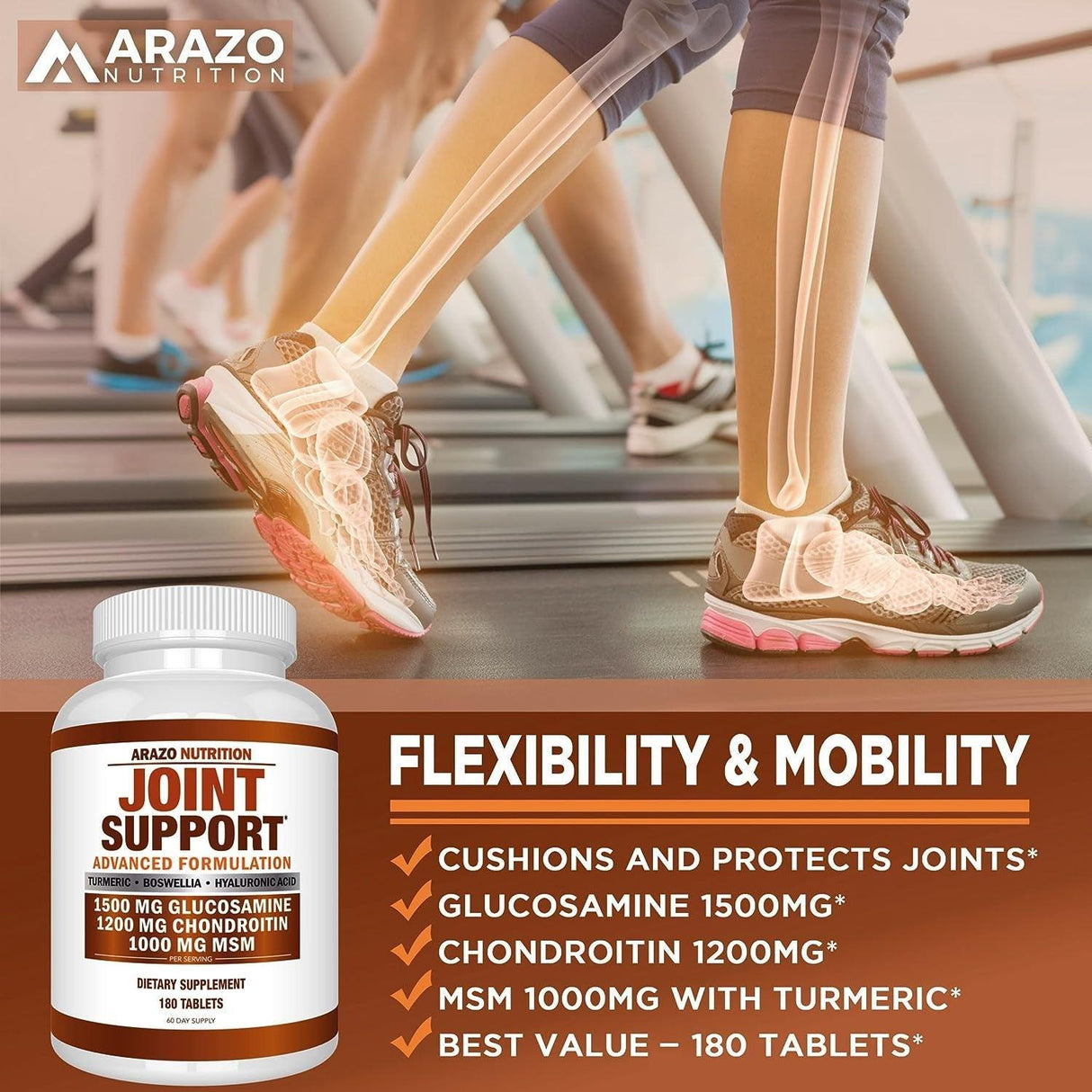 Glucosamine Chondroitin Turmeric Msm Boswellia - Joint Support Supplement for Relief 180 Tablets - Arazo Nutrition - Supply Center USA