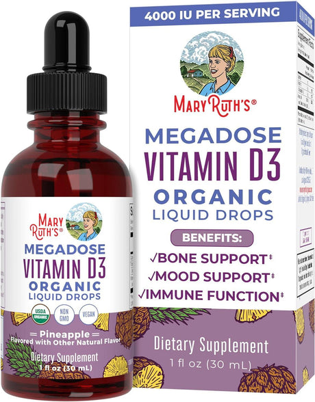 Maryruth Organics Vitamin D3 Liquid Drops | Megadose 4000 IU | USDA Organic Liquid Vitamin D Spray for Adults & Kids | Immune Support & Bone Health | Vegan | Gluten Free | Non-Gmo | 30 Servings - Supply Center USA