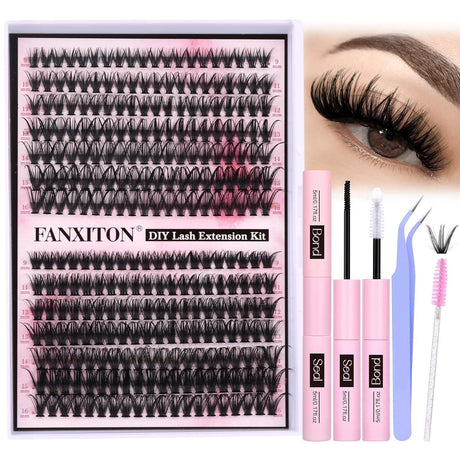 FANXITON DIY Lash Extension Kit Volume Lash Clusters 40D+50D D Curl Individual Lashes Lash Clusters Kit Thick Eyelash Extension Kit 280Pcs Thin Band Cluster Lashes Lash Bond and Seal and Lash Tweezers - Supply Center USA