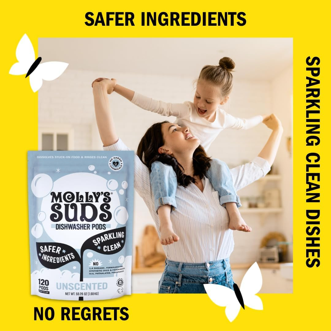 Molly'S Suds Dishwasher Pods | Clean Dishwasher Detergent, Cuts Grease & Rinses Clean (Residue-Free) for Sparkling Dishes | 60 Auto-Release Tabs (Unscented)