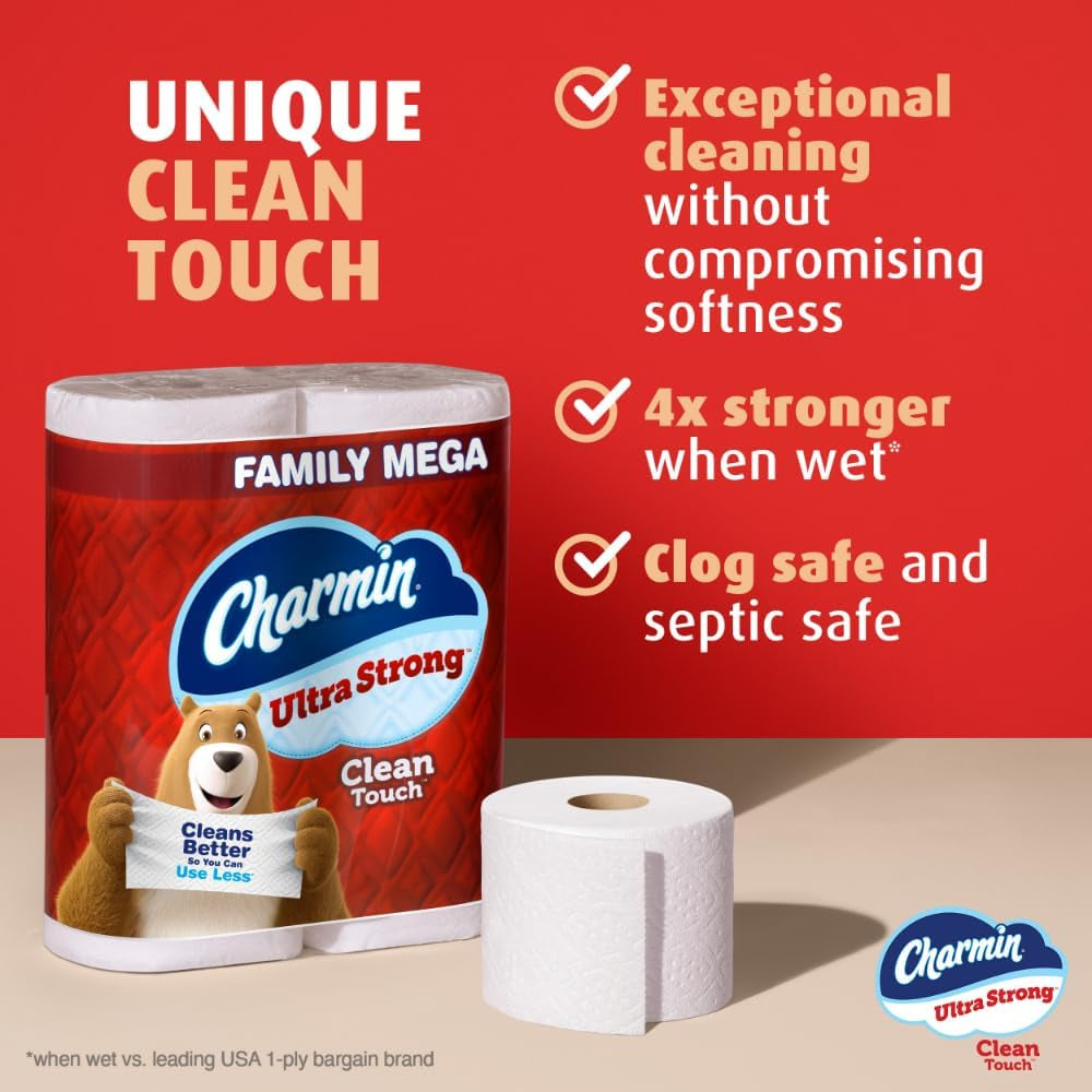 Charmin Toilet Paper Ultra Strong Clean Touch, 18 Family Mega Rolls = 90 Regular Rolls (Packaging May Vary)