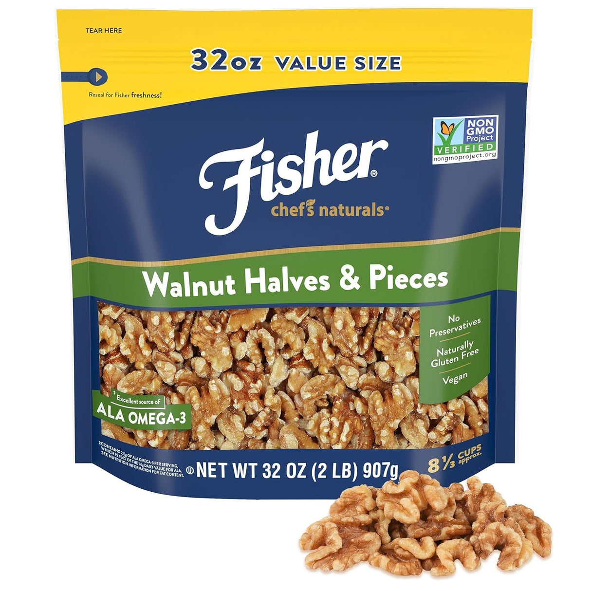 Fisher Chef'S Naturals Walnut & Pieces, Naturally Gluten Free, No Preservatives, Non-Gmo, Halves, 16 Oz