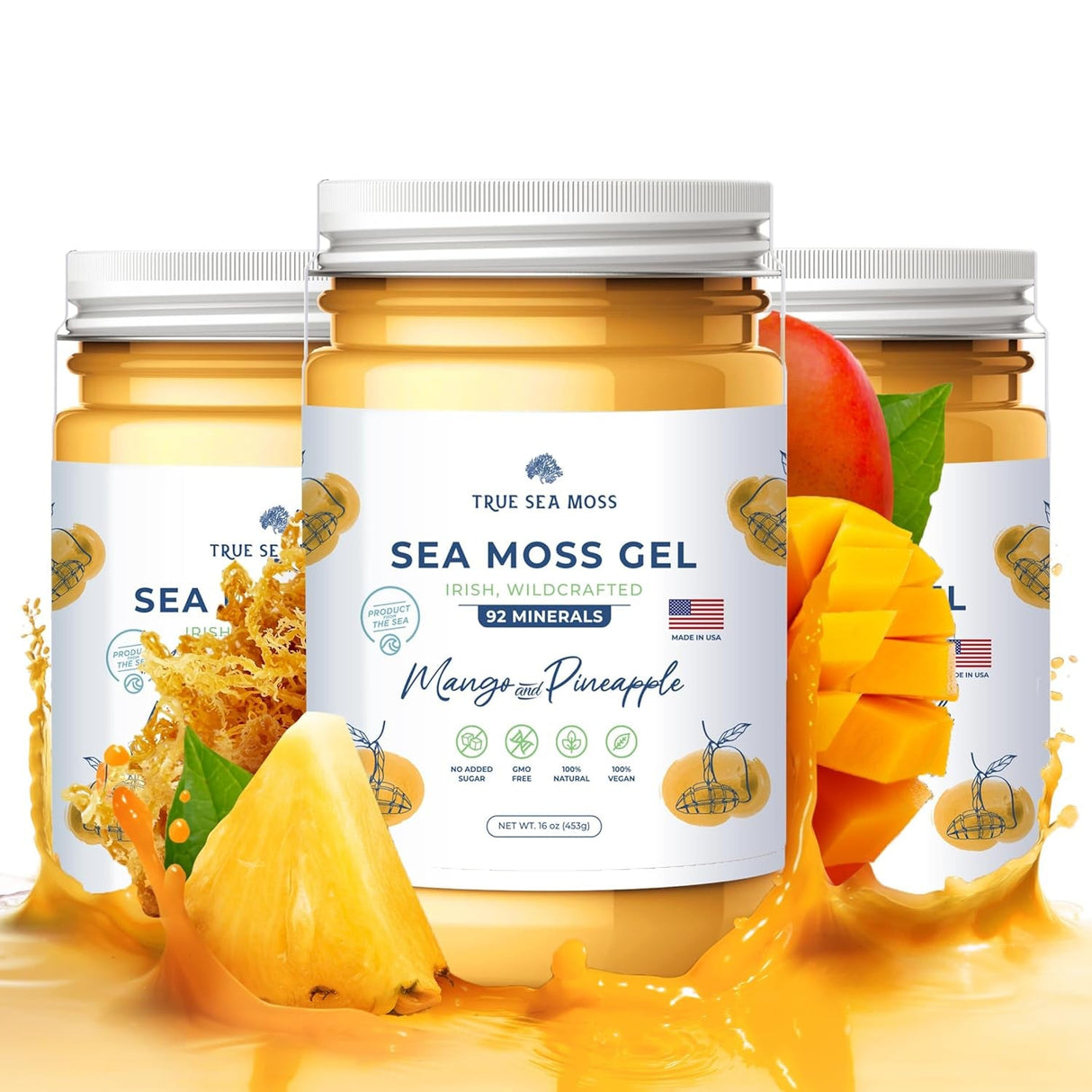 Trueseamoss Wildcrafted Irish Sea Moss Gel –7 Flavors- Nutritious Raw Seamoss Rich in Minerals, Proteins & Vitamins – Antioxidant Health Sea Moss, Vegan Made in USA (MANGO/PINEAPPLE, 1)
