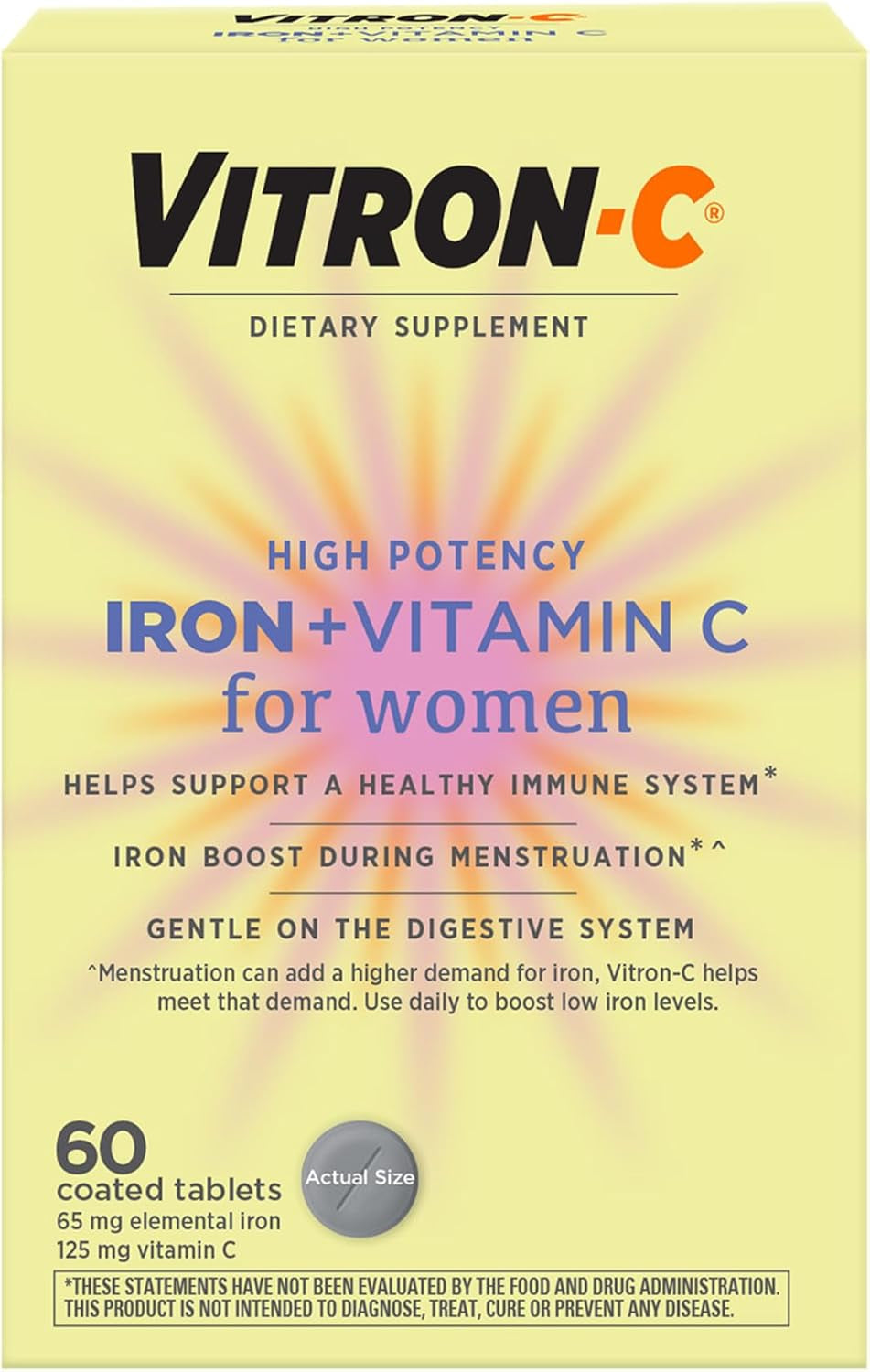 Vitron-C High Potency Iron Supplement, Immune Support, 125Mg Vitamin C, 60 Count, Pack of 1