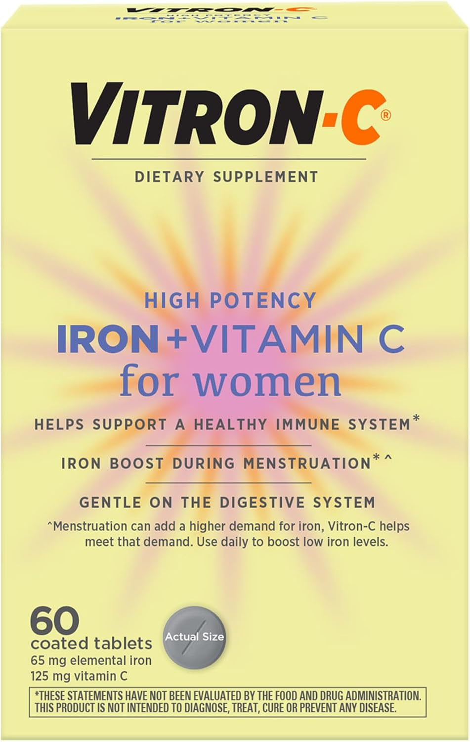 Vitron-C High Potency Iron Supplement, Immune Support, 125Mg Vitamin C, 60 Count, Pack of 1
