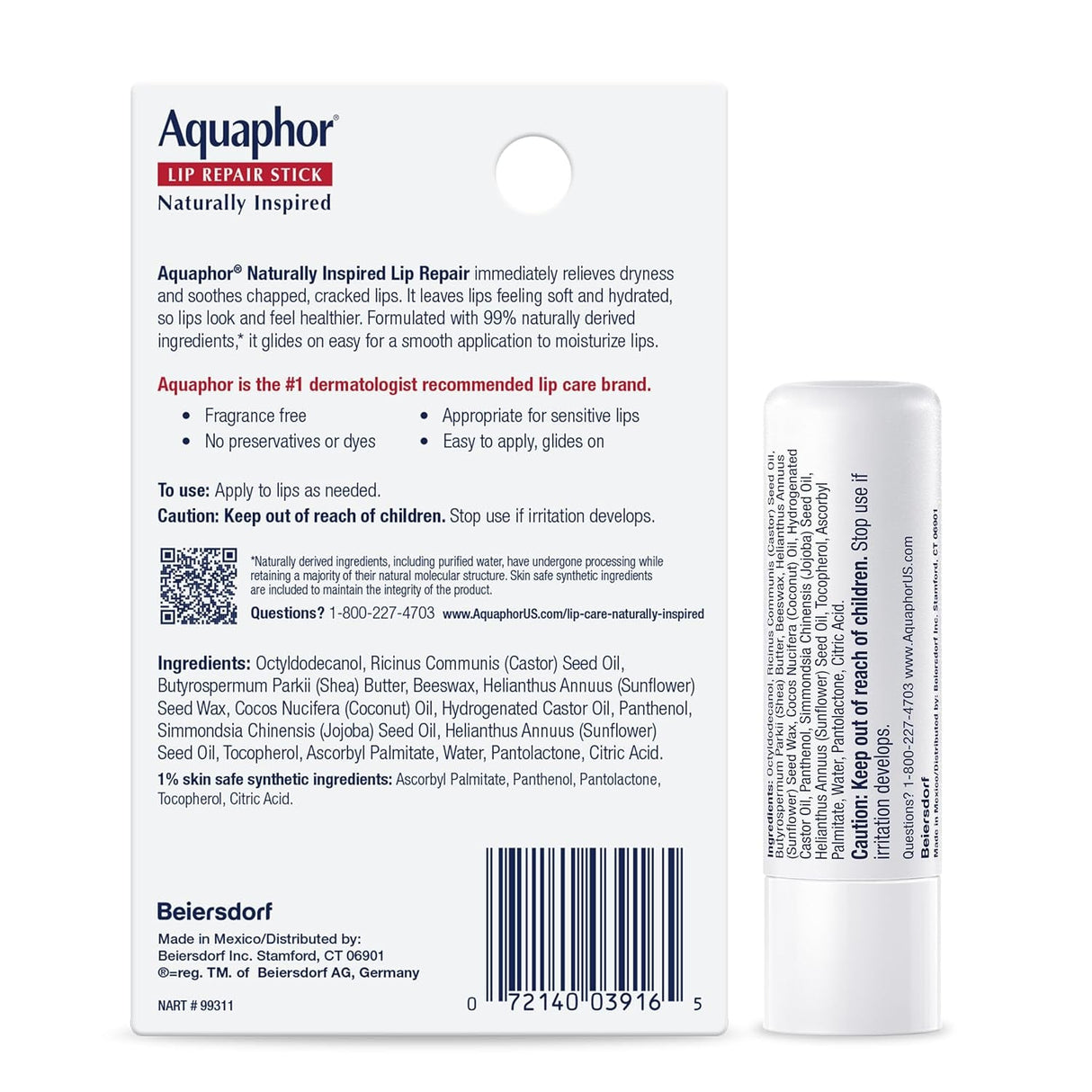 Aquaphor Naturally Inspired Lip Repair Stick with Coconut Oil and Natural Shea Butter, Hydrating Lip Balm Stick Immediately Relieves Dryness and Soothes Chapped Lips, 0.17 Oz Stick