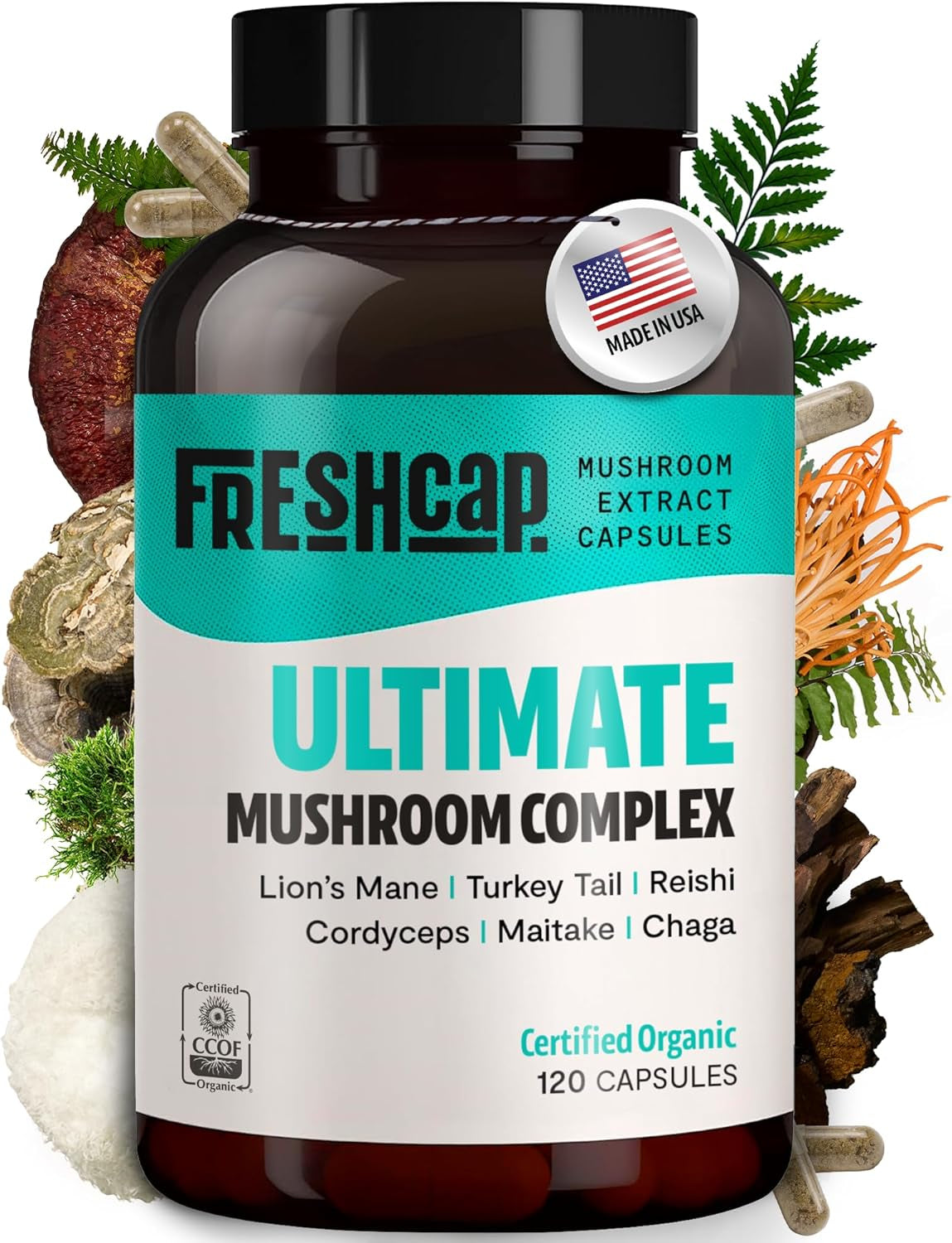 Freshcap Ultimate Mushroom Complex - Ayurveda Lions Mane, Reishi, Cordyceps, Chaga, Turkey Tail, Maitake - Immune Support & Nootropic Supplements for Immunity, Energy, Memory & Focus (120 Capsules)