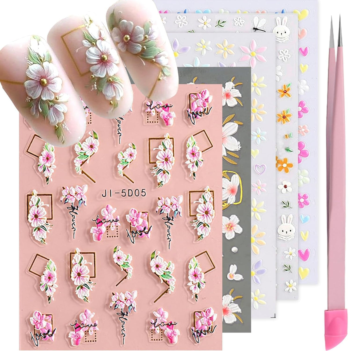 VOTACOS Flower Nail Art Stickers Decals 5D Embossed Nail Decals Spring Summer Daisy Nail Art Design Self-Adhesive Nail Supplies Accessories 3D Flower Nail Stickers for Women Nail DIY Decoration