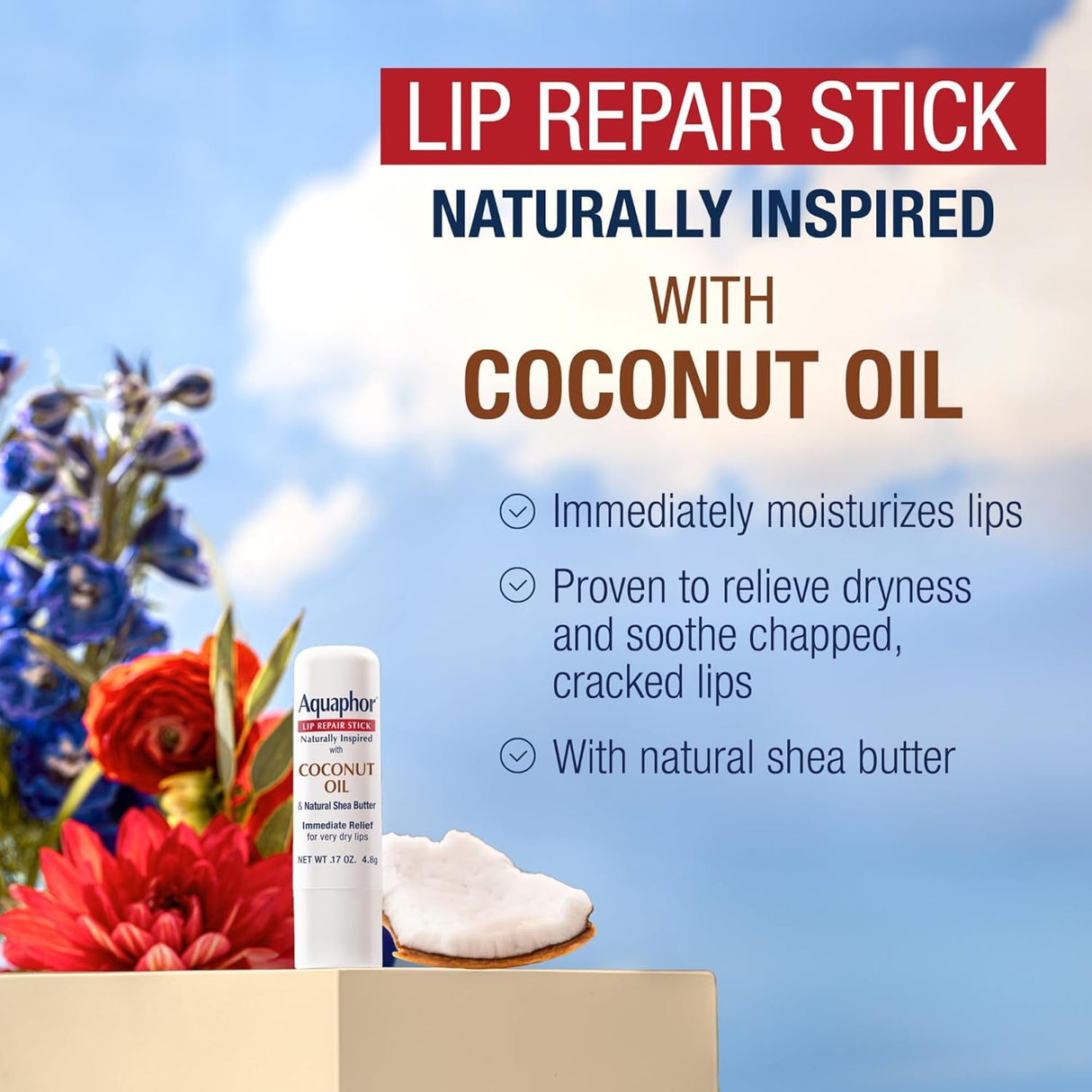 Aquaphor Naturally Inspired Lip Repair Stick with Coconut Oil and Natural Shea Butter, Hydrating Lip Balm Stick Immediately Relieves Dryness and Soothes Chapped Lips, 0.17 Oz Stick