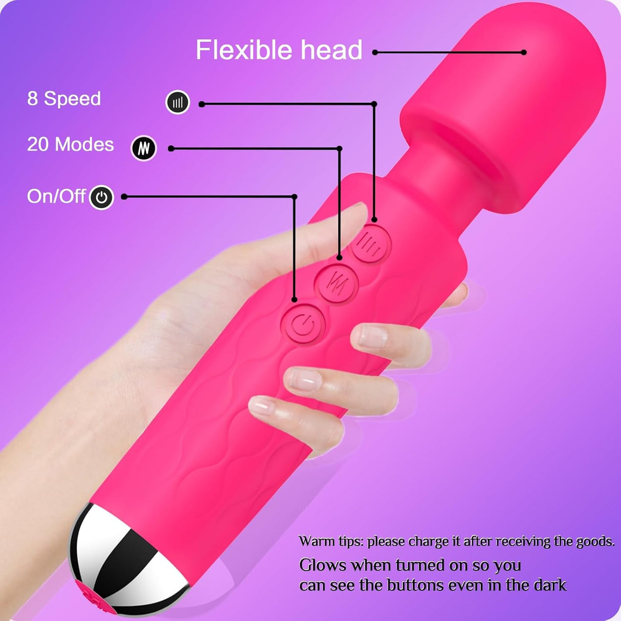 Vibrator Wand,Adult Sex Toy Wand, G Spot Dildo, Clit Vibrator, Sex Vibrators,Clitoris Stimulation,With 8 Speeds & 20 Patterns, Quiet,Fully Waterproof,Vibrating Wand for Her Pleasure (Rose Red)
