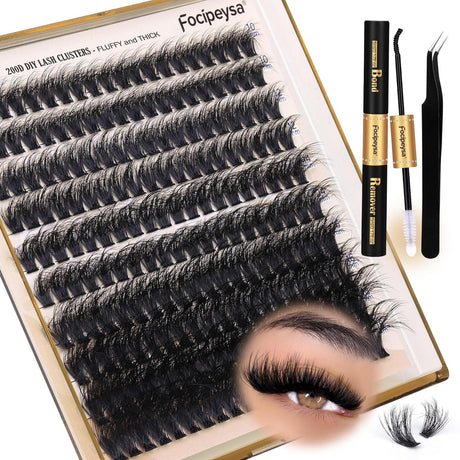 Focipeysa Lash Extension Kit Thick Eyelash Extension Kit 10-18Mm Fluffy Lash Clusters 200D Individual Eyelashes Kit with Lash Bond, Lash Remover, Lash Applicator, DIY Lashes Extension - Supply Center USA