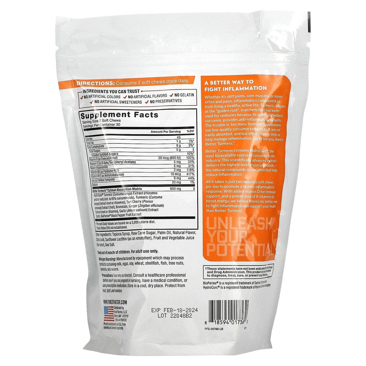 Force Factor, Better Turmeric, Extra Strength Curcumin, Fruit Splash, 60 Soft Chews - Supply Center USA