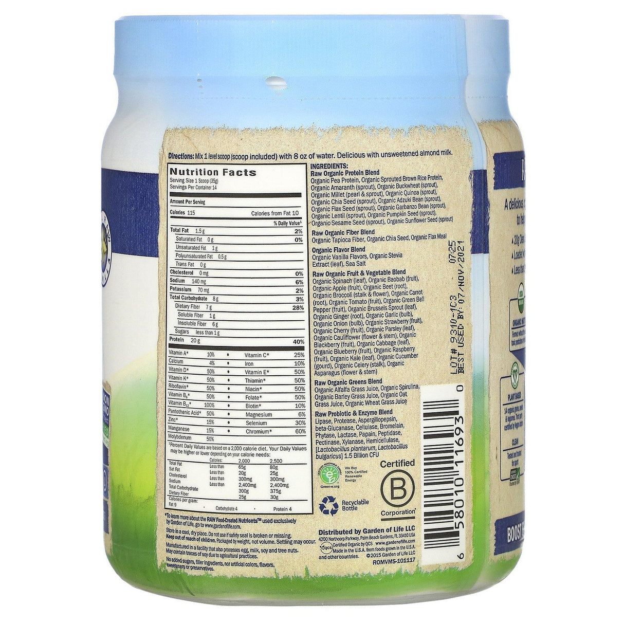 Garden of Life, RAW Organic Meal, Shake & Meal Replacement, Vanilla, 1 lb 1 oz (484 g) - Supply Center USA