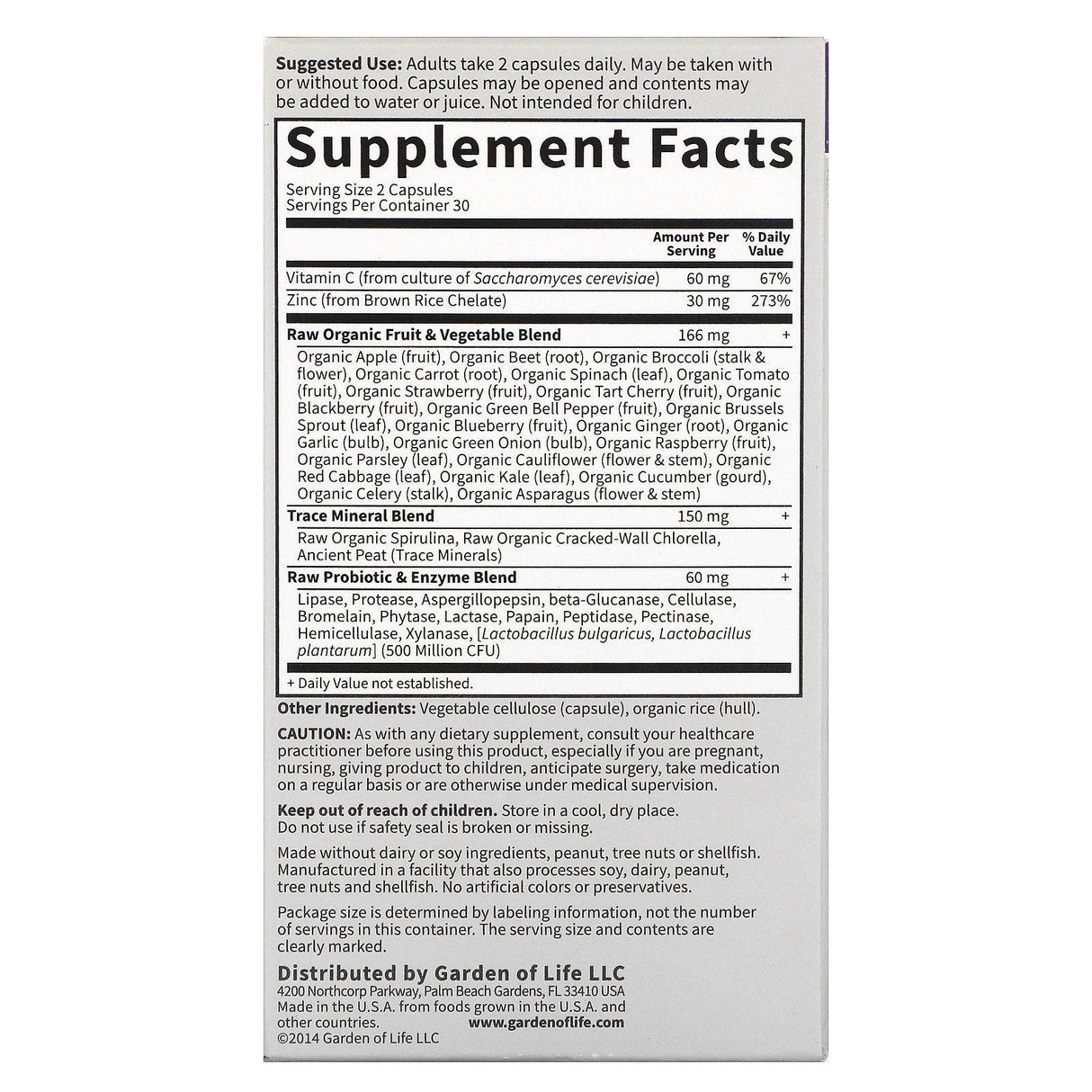 Garden of Life, Vitamin Code, RAW Zinc, 60 Vegan Capsules - Supply Center USA