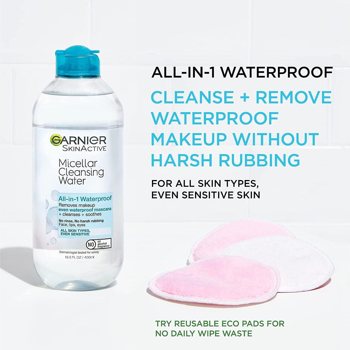 Garnier Skinactive Micellar Water for Waterproof Makeup, Facial Cleanser & Makeup Remover, 13.5 Fl Oz (400Ml), 1 Count (Packaging May Vary) - Supply Center USA