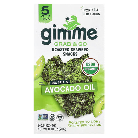 gimMe, Grab & Go Roasted Seaweed Snacks, Sea Salt & Avocado Oil, 5 Pack, 0.14 oz (4 g) Each - Supply Center USA