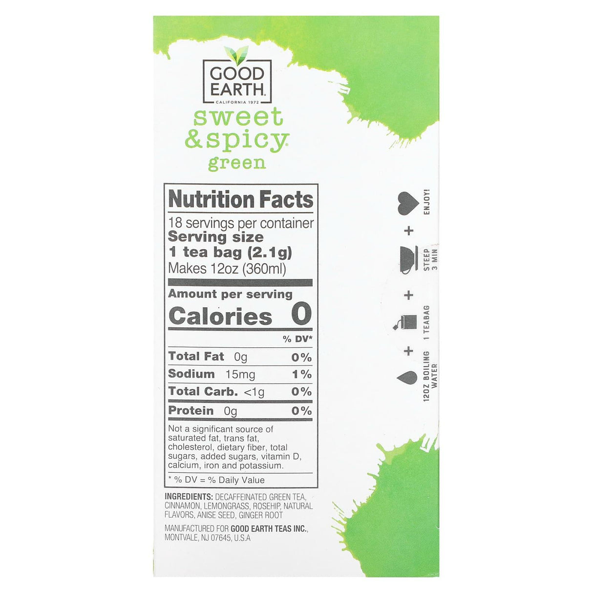 Good Earth Teas, Green Tea, Sweet & Spicy, Green, Decaffeinated , 18 Tea Bags, 1.33 oz (37.8 g) - Supply Center USA