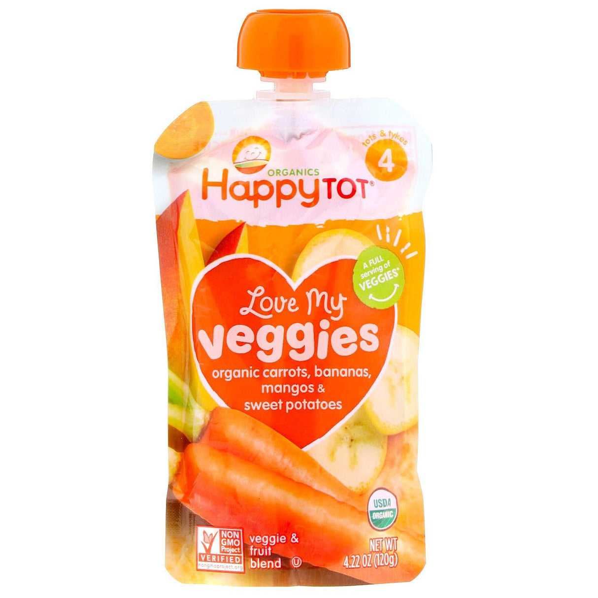 Happy Family Organics, Happy Tot, Love My Veggies, Stage 4, Organic Carrots, Bananas, Mangos & Sweet Potatoes, 4.22 oz (120 g) - Supply Center USA