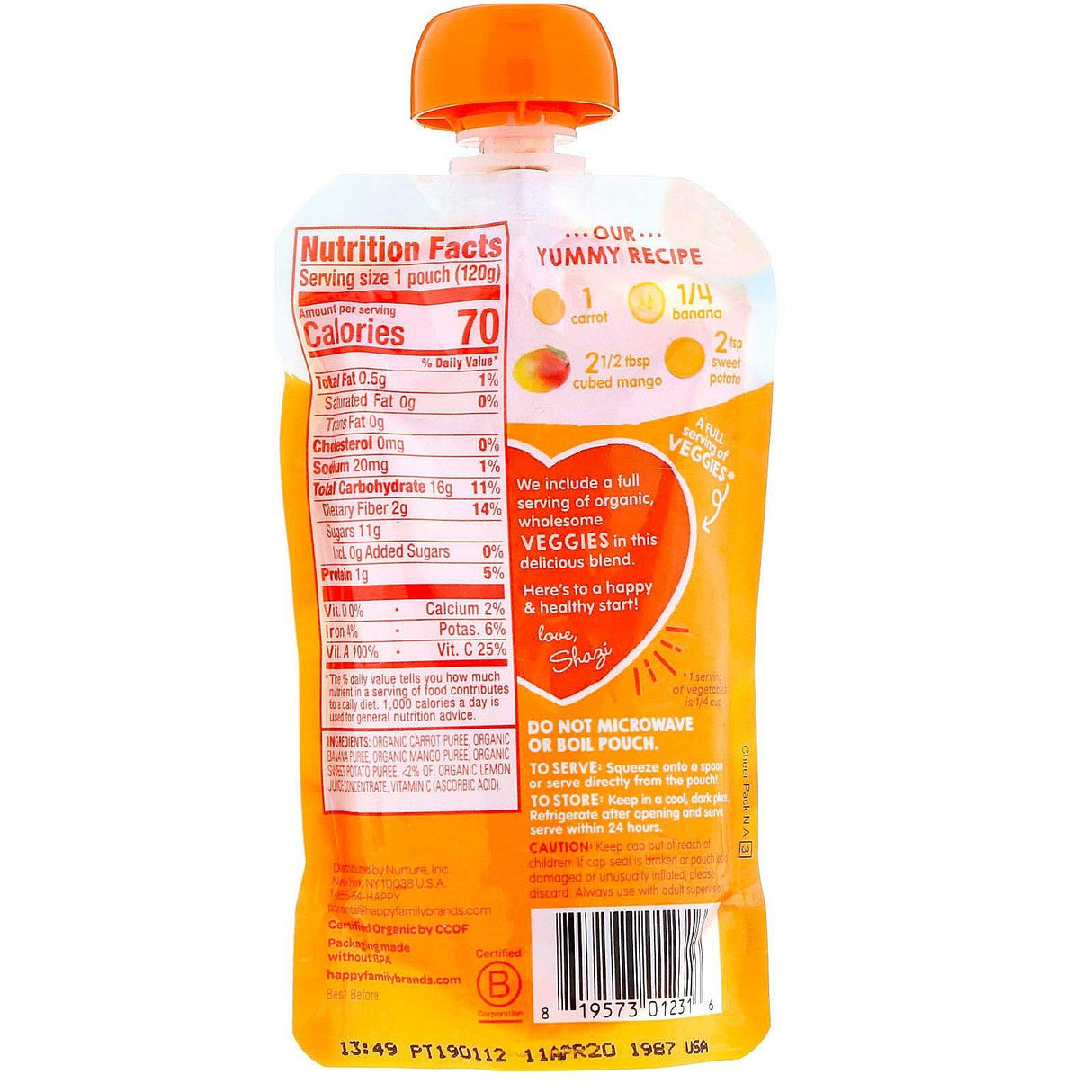 Happy Family Organics, Happy Tot, Love My Veggies, Stage 4, Organic Carrots, Bananas, Mangos & Sweet Potatoes, 4.22 oz (120 g) - Supply Center USA