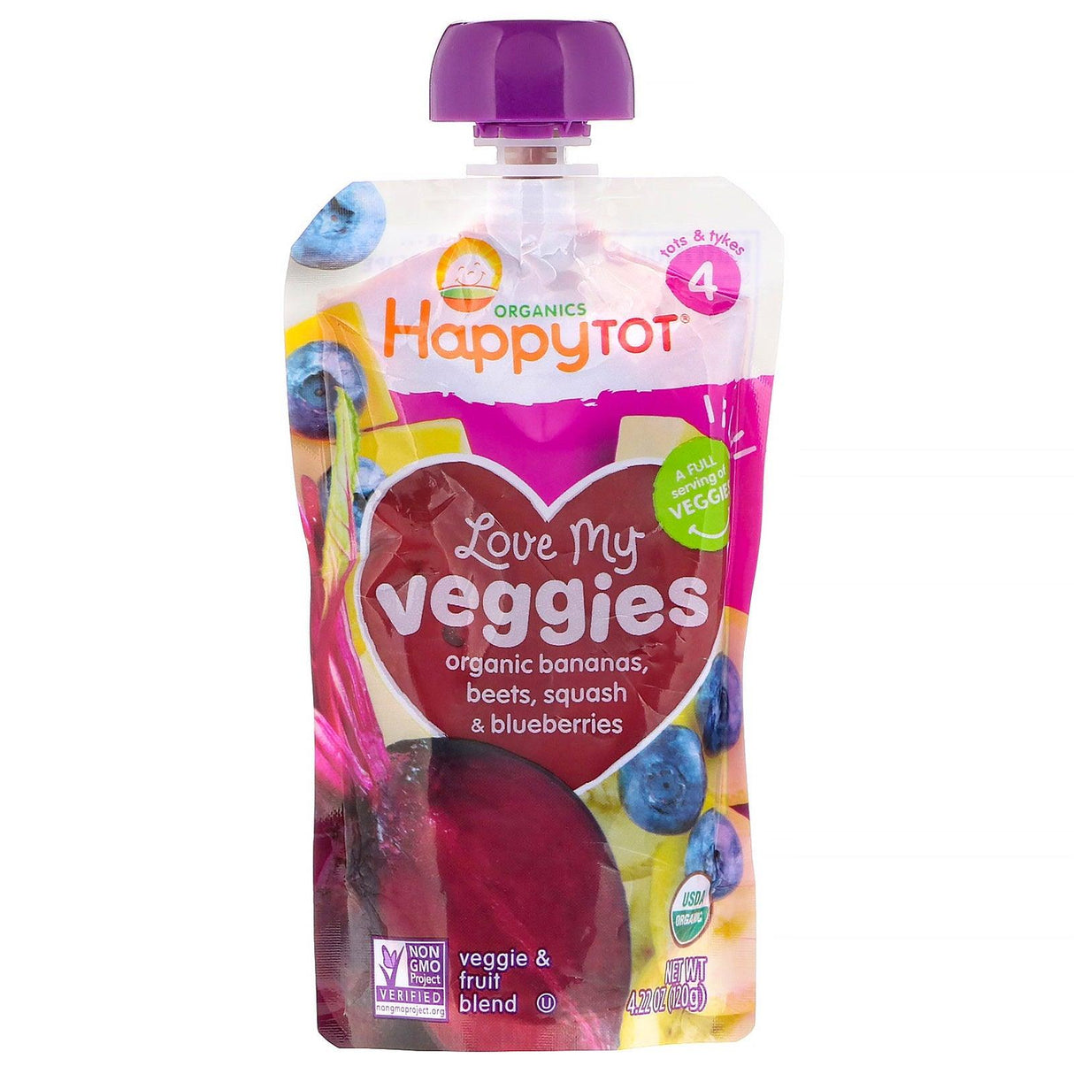 Happy Family Organics, Happy Tot, Love My Veggies, Stage 4, Organic Carrots, Bananas, Mangos & Sweet Potatoes, 4.22 oz (120 g) - Supply Center USA