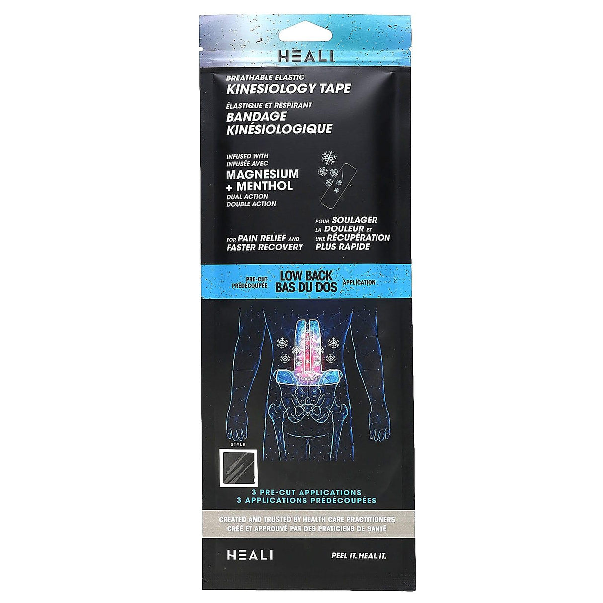 Heali Medical Corp, Breathable Elastic Kinesiology Tape, Low Back, 3 Pre-Cut Applications - Supply Center USA