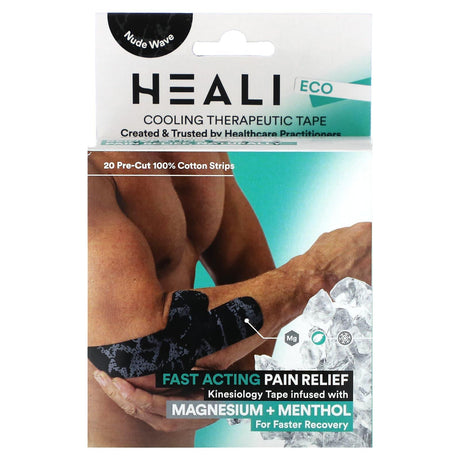 Heali Medical Corp, Cooling Therapeutic Kinesiology Tape, Black, 20 Pre-Cut 100% Cotton Strips - Supply Center USA