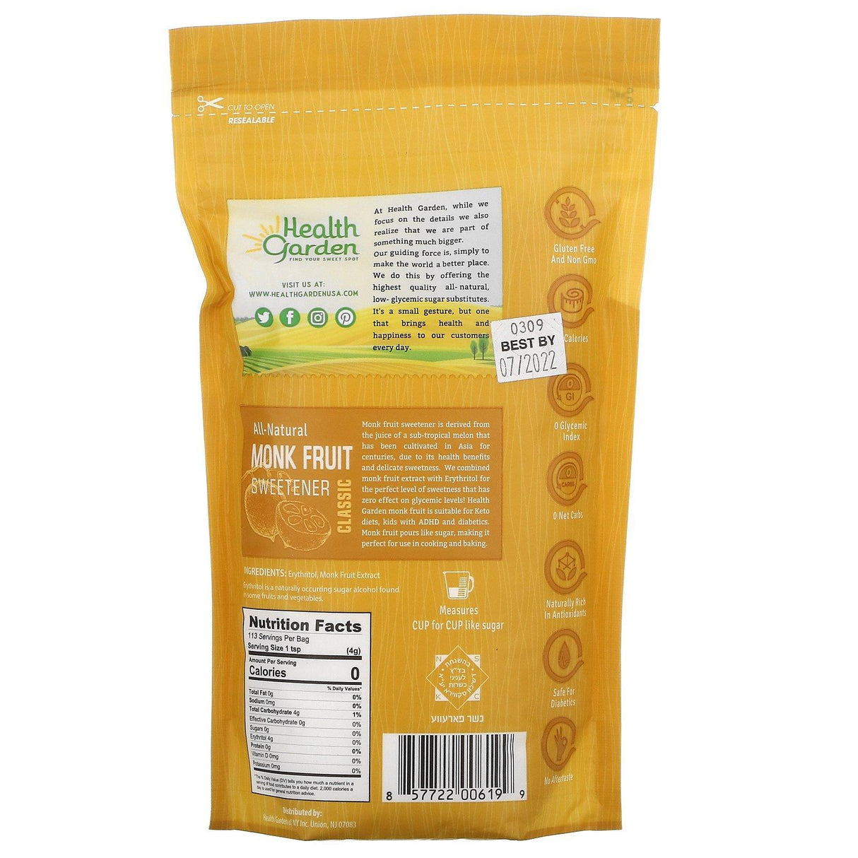 Health Garden, All-Natural Monk Fruit Sweetener, Classic, 1 lb (453 g) - Supply Center USA