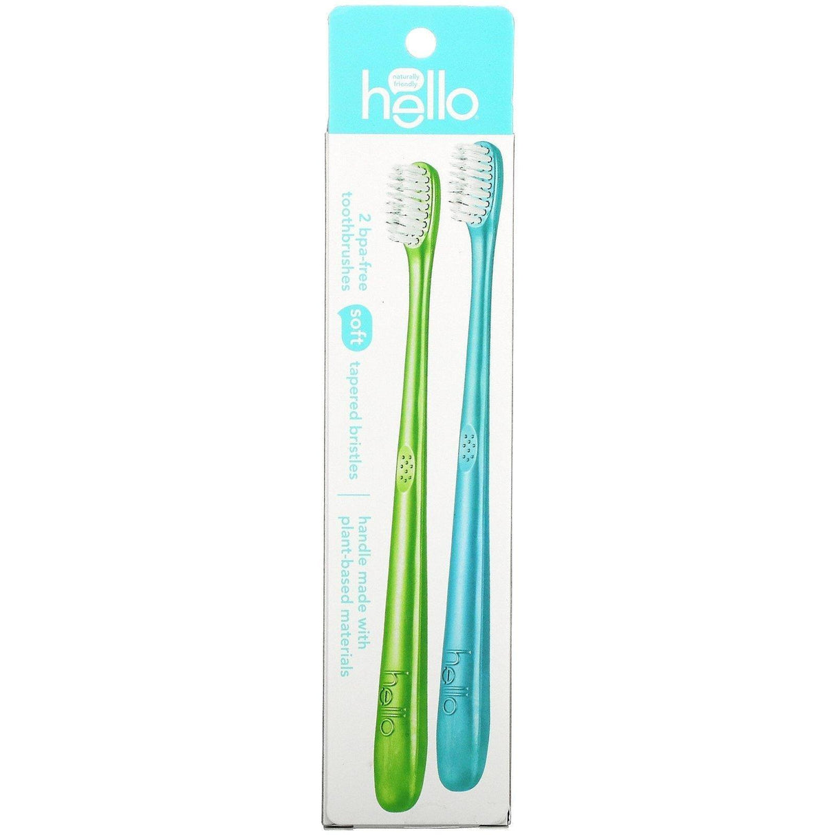 Hello, BPA-Free Toothbrushes, Soft, Green/Blue, 2 Toothbrushes - Supply Center USA