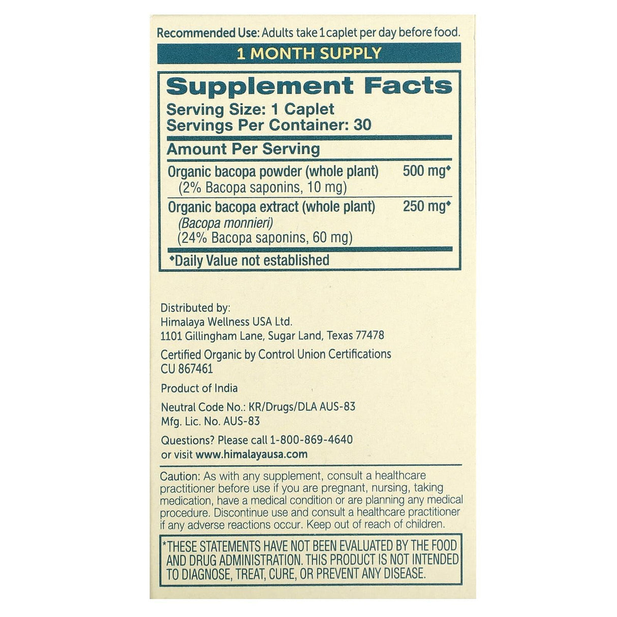 Himalaya, Organic Bacopa, 30 Caplets - Supply Center USA