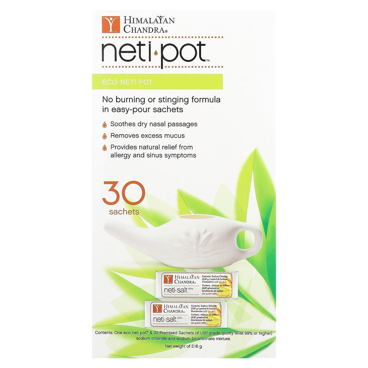 Himalayan Chandra, Eco Neti Pot with Neti Salt Saches, 2.16 g - Supply Center USA