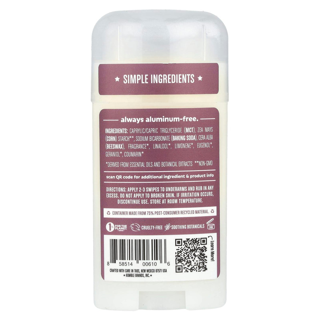 Humble Brands, Aluminum-Free Deodorant, Lavender & Holy Basil , 2.5 oz (70 g) - Supply Center USA