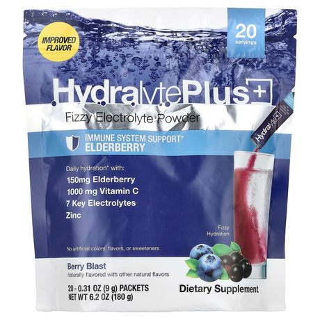 Hydralyte, Hydralyte Plus+, Fizzy Electrolyte Powder, Berry Blast, 20 Packets, 0.31 oz (9 g) Each - Supply Center USA