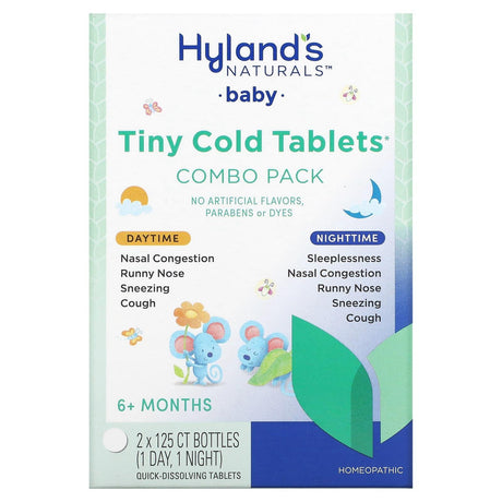 Hyland's, Baby, Tiny Cold Tablets Combo Pack, Daytime/Nighttime, 6+ Months, 2 Bottles, 125 Quick-Dissolving Tablets Each - Supply Center USA