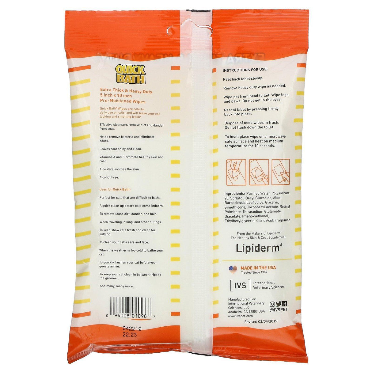 International Veterinary Sciences, Quick Bath, Skin, Coat Cleaner & Conditioner, Cat Wipes, 10 Pack - Supply Center USA